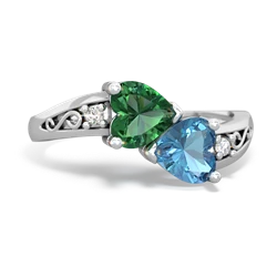 Lab Emerald Snuggling Hearts 14K White Gold ring R2178