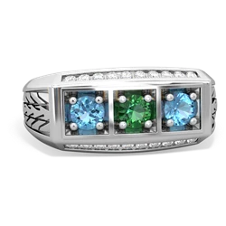 Lab Emerald Three Stone Tire Tread Men's 14K White Gold ring R0520