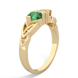 Lab Emerald Celtic Knot Double Heart 14K Yellow Gold ring R5040