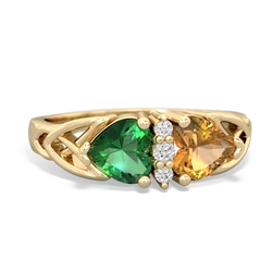 Lab Emerald Celtic Knot Double Heart 14K Yellow Gold ring R5040