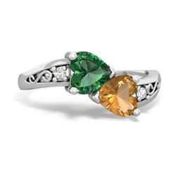 Lab Emerald Snuggling Hearts 14K White Gold ring R2178