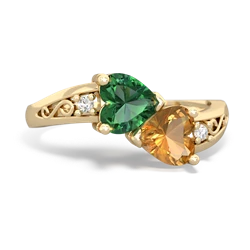 Lab Emerald Snuggling Hearts 14K Yellow Gold ring R2178