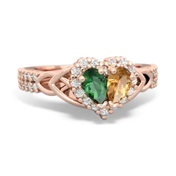 Lab Emerald Celtic Knot Two Hearts As One 14K Rose Gold ring R2644HRT