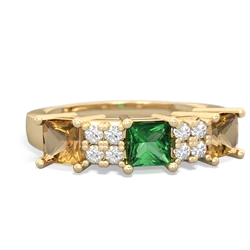 Lab Emerald Three Stone Diamond Cluster 14K Yellow Gold ring R2592