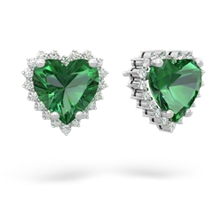 Lab Emerald Sparkling Halo Heart 14K White Gold earrings E0391