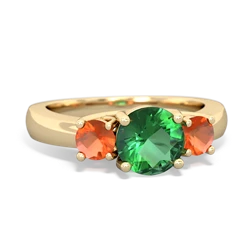Lab Emerald Three Stone Round Trellis 14K Yellow Gold ring R4018