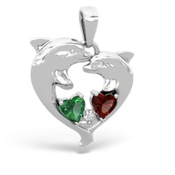 Lab Emerald Dolphin Heart 14K White Gold pendant P5820