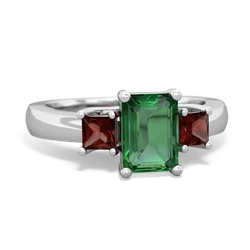 Lab Emerald Three Stone Emerald-Cut Trellis 14K White Gold ring R4021