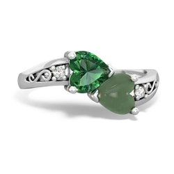 Lab Emerald Snuggling Hearts 14K White Gold ring R2178