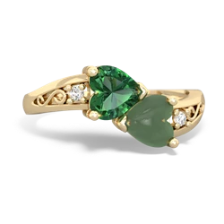 Lab Emerald Snuggling Hearts 14K Yellow Gold ring R2178