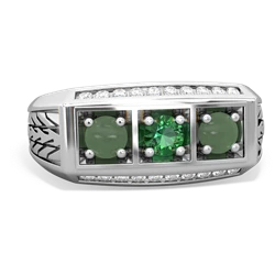 Lab Emerald Three Stone Tire Tread Men's 14K White Gold ring R0520