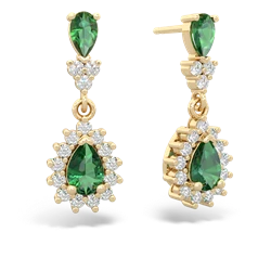 Lab Emerald Halo Pear Dangle 14K Yellow Gold earrings E1882