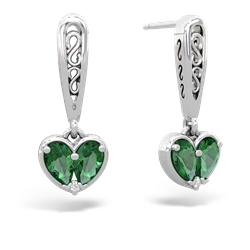 Lab Emerald Filligree Heart 14K White Gold earrings E5070