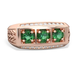 Emerald Three Stone Tire Tread Men's 14K Rose Gold ring R0520