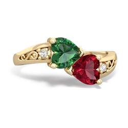 Lab Emerald Snuggling Hearts 14K Yellow Gold ring R2178