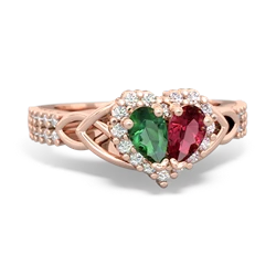 Lab Emerald Celtic Knot Two Hearts As One 14K Rose Gold ring R2644HRT