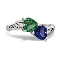 Lab Emerald Snuggling Hearts 14K White Gold ring R2178