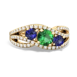 Lab Emerald Three Stone Aurora 14K Yellow Gold ring R3080