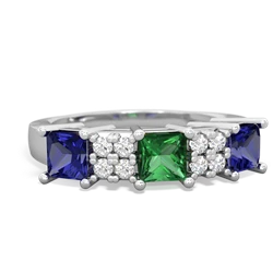 Lab Emerald Three Stone Diamond Cluster 14K White Gold ring R2592