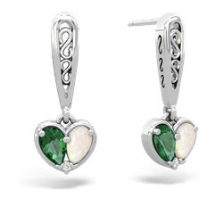 Lab Emerald Filligree Heart 14K White Gold earrings E5070