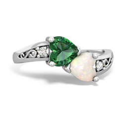 Lab Emerald Snuggling Hearts 14K White Gold ring R2178