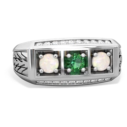 Lab Emerald Three Stone Tire Tread Men's 14K White Gold ring R0520