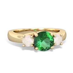 Lab Emerald Three Stone Round Trellis 14K Yellow Gold ring R4018