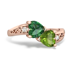 Lab Emerald Snuggling Hearts 14K Rose Gold ring R2178