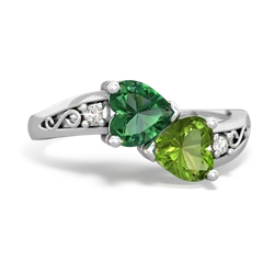 Lab Emerald Snuggling Hearts 14K White Gold ring R2178