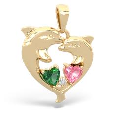 Lab Emerald Dolphin Heart 14K Yellow Gold pendant P5820