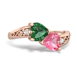 Lab Emerald Snuggling Hearts 14K Rose Gold ring R2178