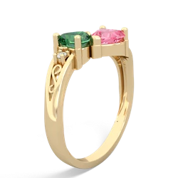 Lab Emerald Snuggling Hearts 14K Yellow Gold ring R2178