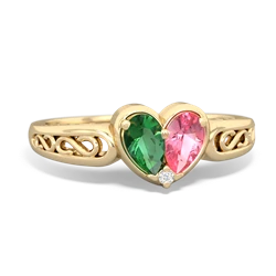 Lab Emerald Filligree 'One Heart' 14K Yellow Gold ring R5070