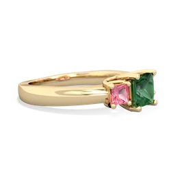 Lab Emerald Three Stone Trellis 14K Yellow Gold ring R4015