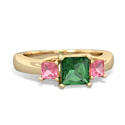 Lab Emerald Three Stone Trellis 14K Yellow Gold ring R4015