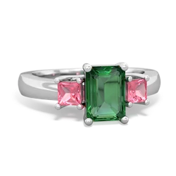 Lab Emerald Three Stone Emerald-Cut Trellis 14K White Gold ring R4021