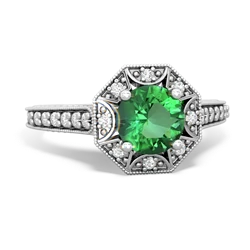 Lab Emerald Art-Deco Starburst 14K White Gold ring R5520