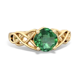 Lab Emerald Checkerboard Cushion Celtic Knot 14K Yellow Gold ring R5000
