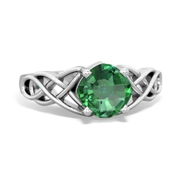 Lab Emerald Checkerboard Cushion Celtic Knot 14K White Gold ring R5000