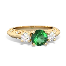 Lab Emerald Art Deco Diamond 6Mm Round Engagment 14K Yellow Gold ring R2003