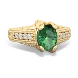 Lab Emerald Antique Style Milgrain Diamond 14K Yellow Gold ring R2028