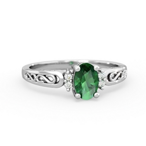 Lab Emerald Filligree Scroll Oval 14K White Gold ring R0812