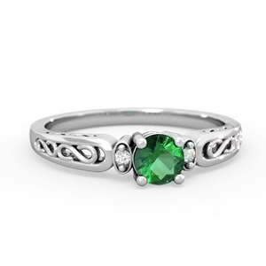 Lab Emerald Filligree Scroll Round 14K White Gold ring R0829