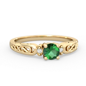 Lab Emerald Filligree Scroll Round 14K Yellow Gold ring R0829