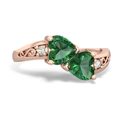 Lab Emerald Snuggling Hearts 14K Rose Gold ring R2178