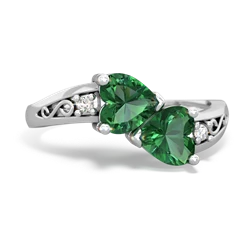 Lab Emerald Snuggling Hearts 14K White Gold ring R2178