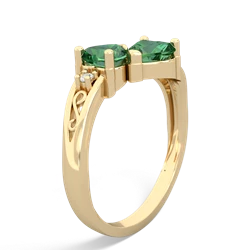 Lab Emerald Snuggling Hearts 14K Yellow Gold ring R2178