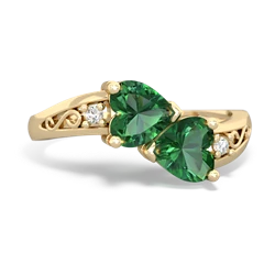 Lab Emerald Snuggling Hearts 14K Yellow Gold ring R2178