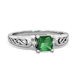 Lab Emerald Filligree Scroll Square 14K White Gold ring R2430