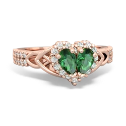 Lab Emerald Celtic Knot Two Hearts As One 14K Rose Gold ring R2644HRT